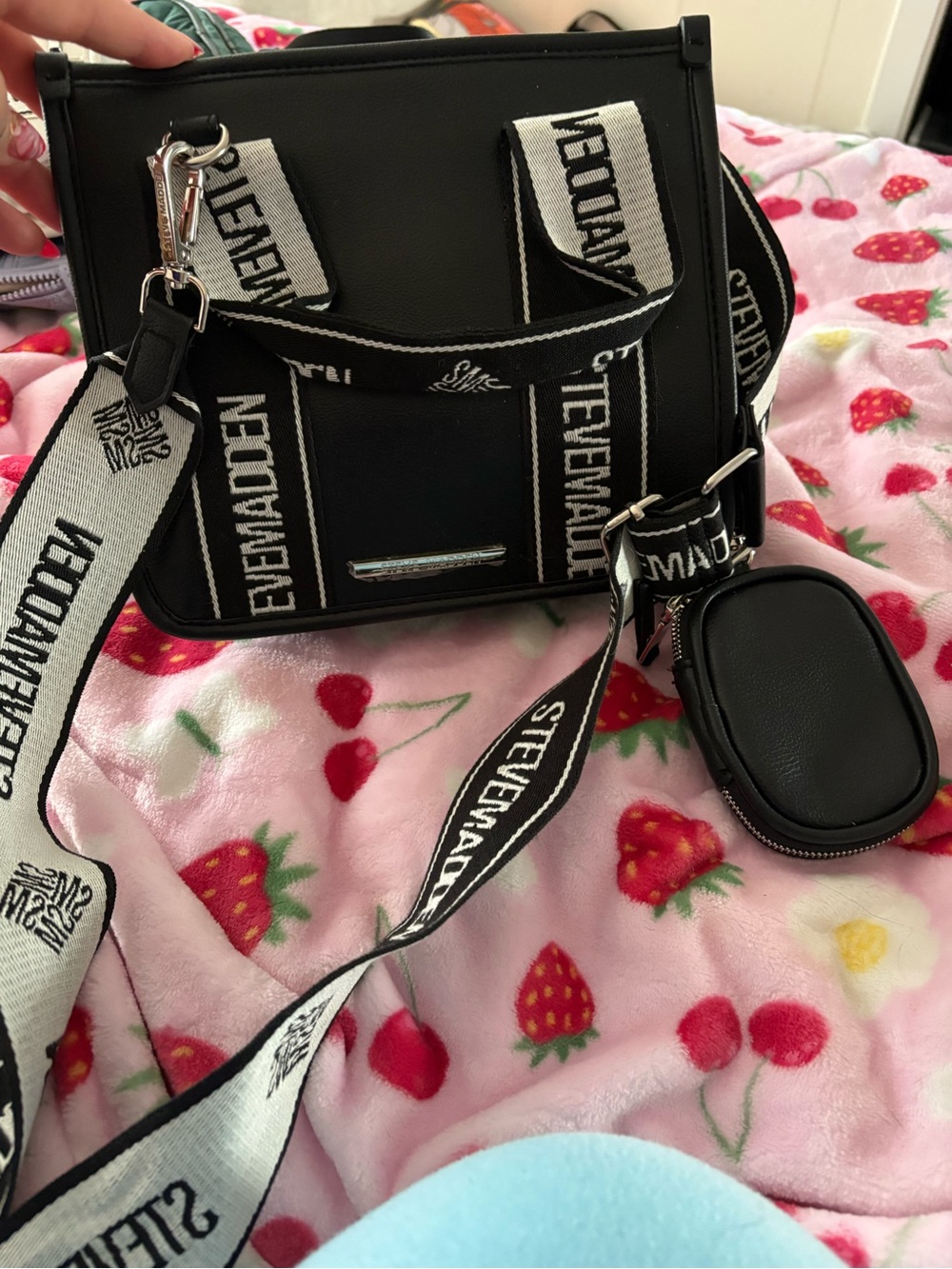 Steve Madden Black Crossbody Tote with White Branded Strap - Picture 1 of 5